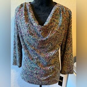 MSK Women's Sparkly Top with Cowl Neck in Vibrant Multicolor Pattern Sz L NWT